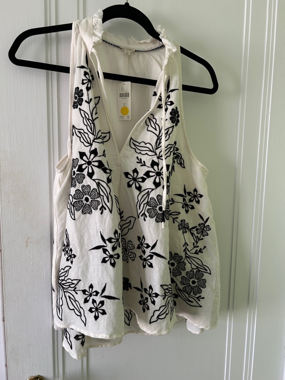 Anthropologie White Halter Camisole with Black Floral Embroidery